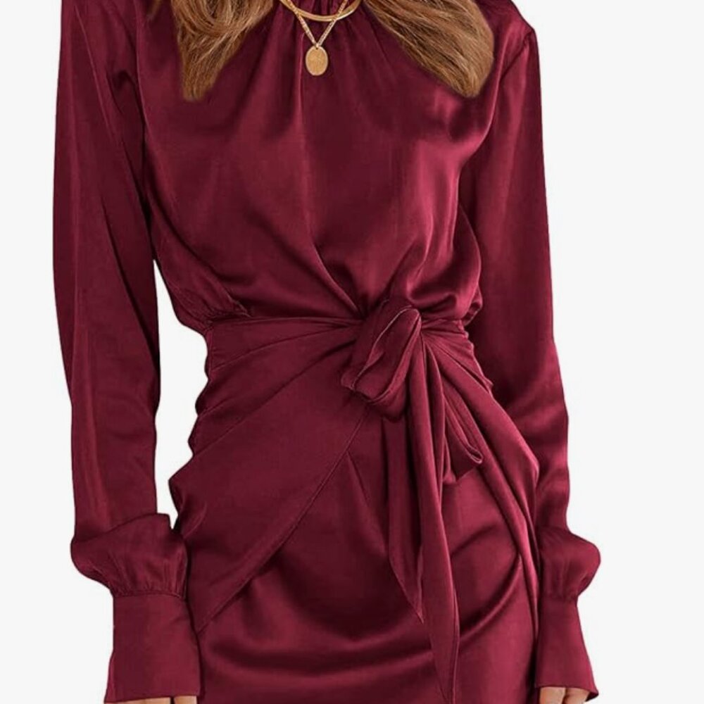 Spring Satin Dress Long Sleeve Tie Waist Elegant Cocktail Party Mini Fall